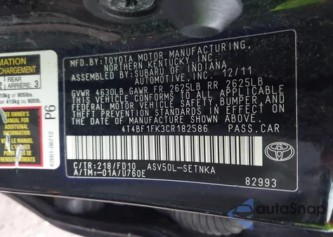 2012 Toyota Camry Le z USA, uszkodzony, nr VIN 4T4BF1FK3CR182586